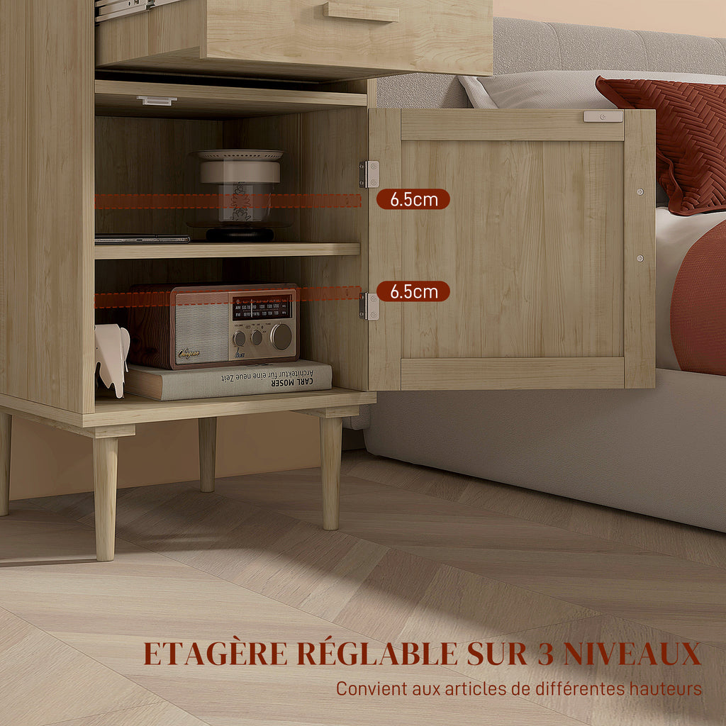 Lot de 2 tables de chevet avec placard et étagère porte rotin tissé 1 tiroir design bohème - 40 x 40 x 68,5 cm naturel-5