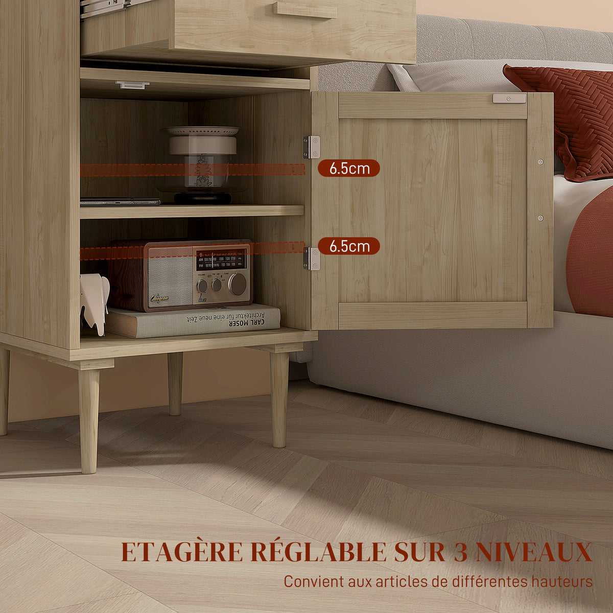 Lot de 2 tables de chevet avec placard et étagère porte rotin tissé 1 tiroir design bohème - 40 x 40 x 68,5 cm naturel-5