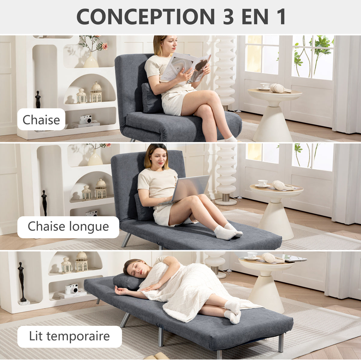 Fauteuil convertible 1 place, fauteuil-lit clic-clac 3 en 1 avec dossier réglable, oreiller, assise large, gris foncé-3