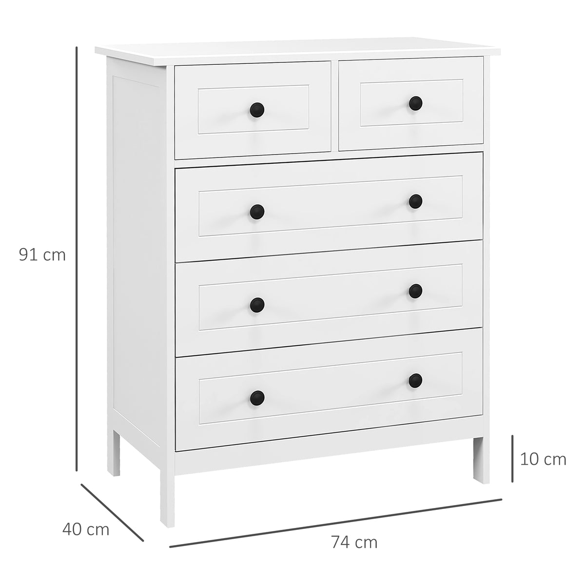 Commode meuble de rangement 5 tiroirs pour chambre, bureau, entrée, blanc et poignée métal noir-2