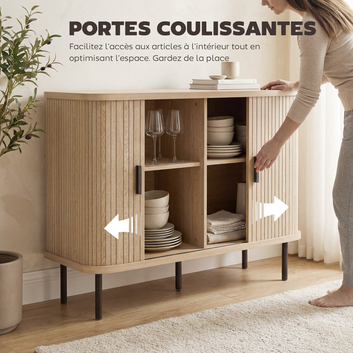 Buffet salon, meuble de rangement avec 2 portes coulissantes en tambour à lattes et 4 compartiments, chêne-4