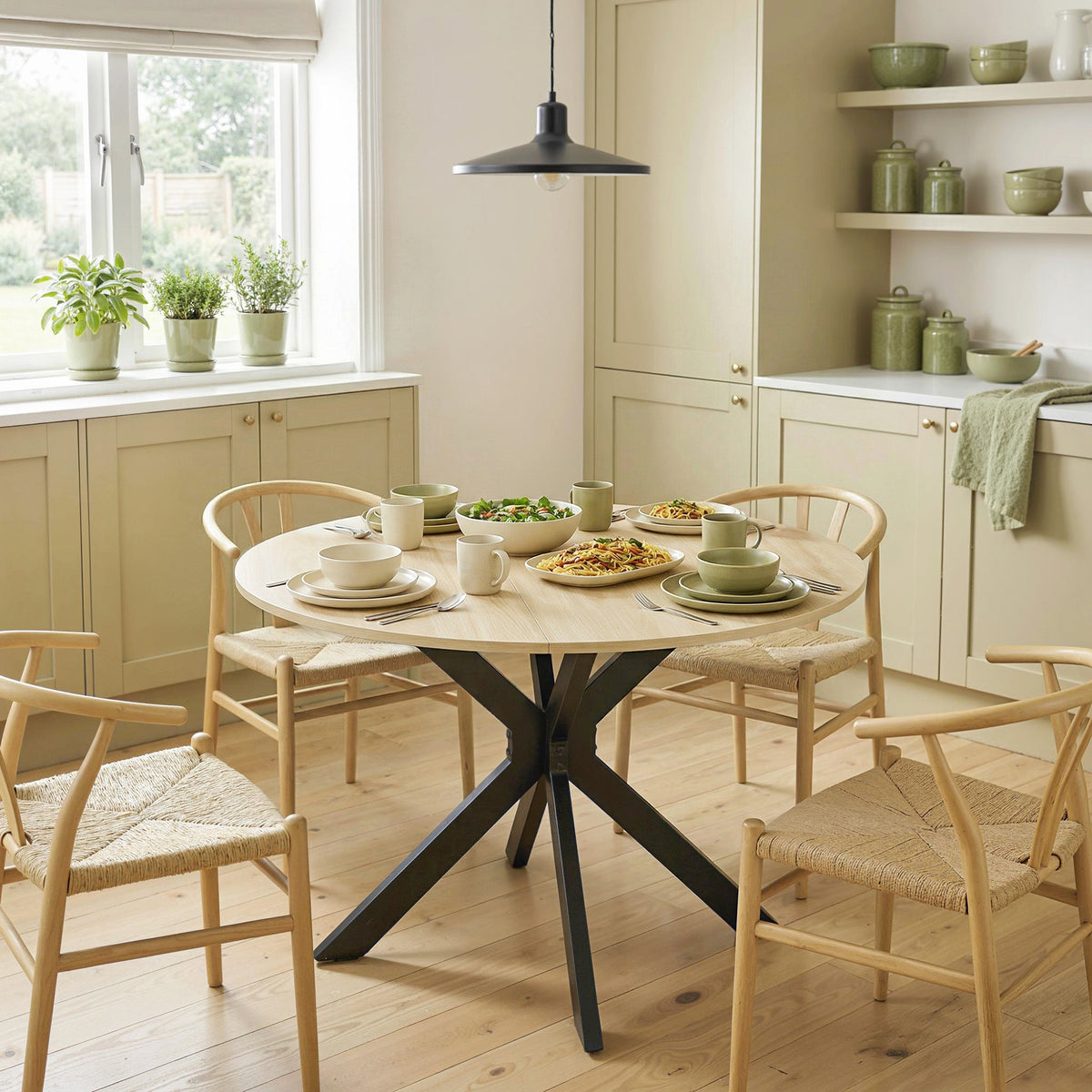 Table à manger pliante pour 2 à 6 personnes, table de cuisine ronde avec pieds croisés en acier, bois naturel-1