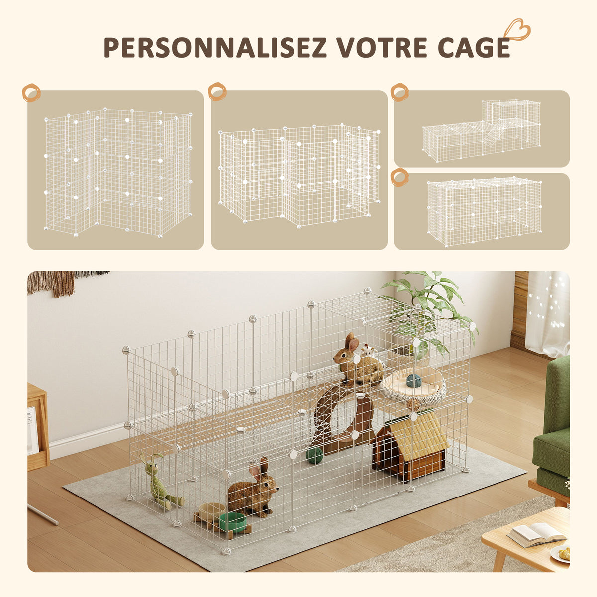 Cage parc clôture pour animaux domestiques enclos pour petits animaux modulable 2 niveaux fil en acier 146x73x73cm blanc-3