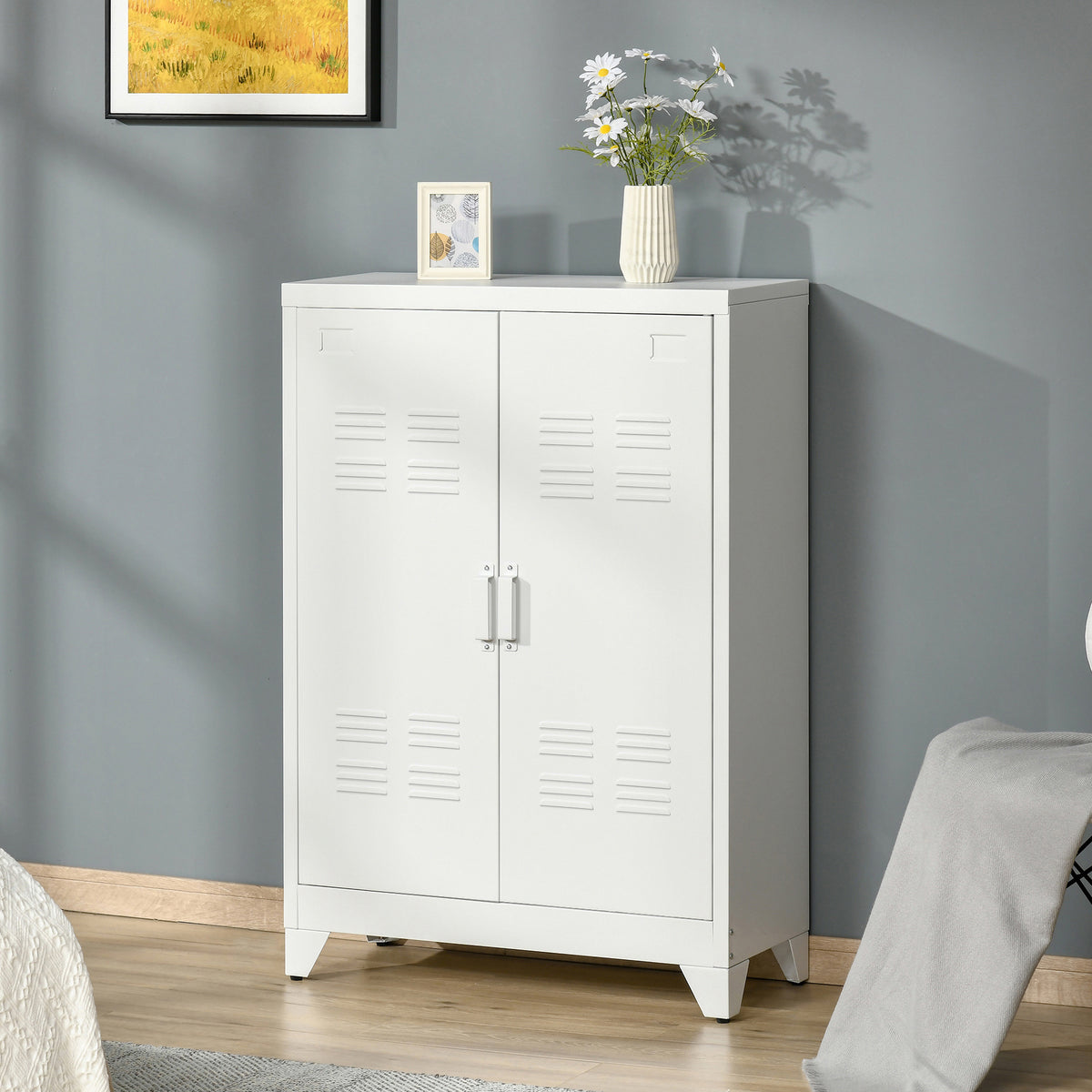 Armoire de bureau à 3 niveaux meuble de rangement bureau métallique 2 portes étagères réglables 75 x 33 x 110 cm blanc-1