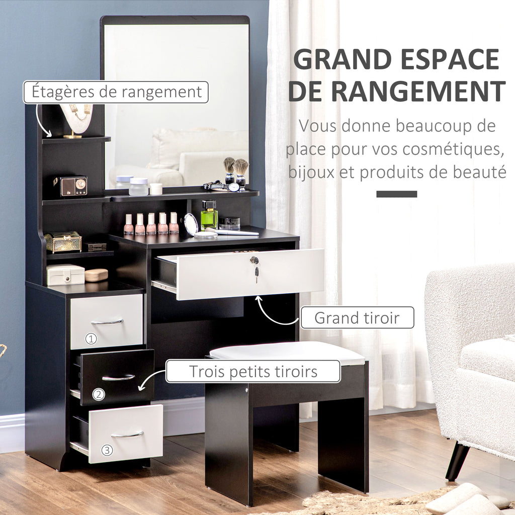 Ensemble de coiffeuse table de maquillage avec tabouret rembourré grand miroir + plusieurs étagères ouvertes + 4 tiroirs blanc noir-4