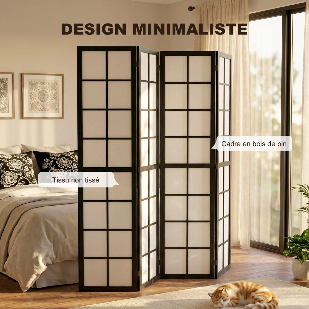 Paravent interieur pliable 4 panneaux 160 x 170 cm séparateur de pièce pour salon chambre à coucher maison, noir-3
