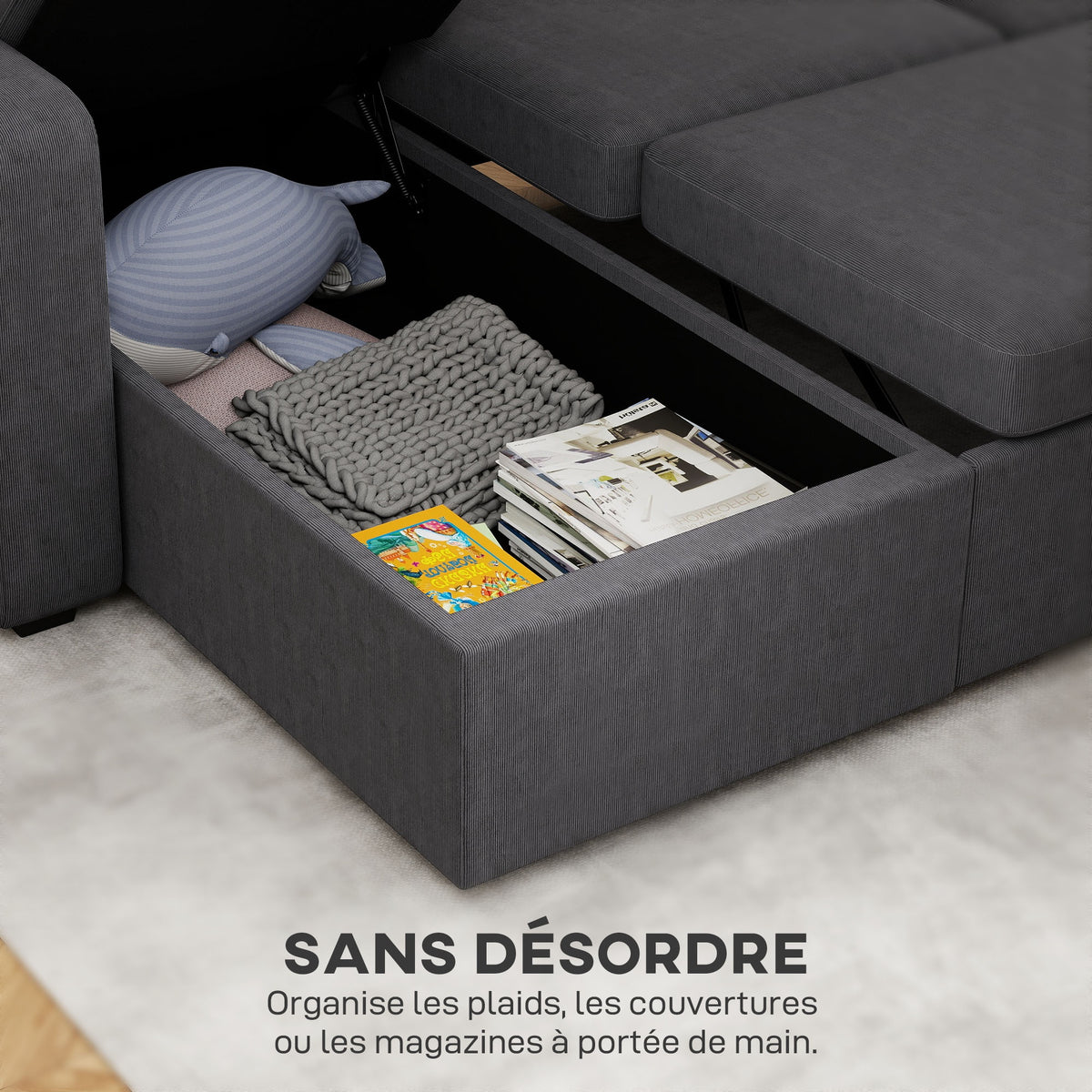 Canapé d'angle convertible en velours côtelé, canapé-lit 3 places avec rangement caché, coussins, 205x135x76cm, gris-5
