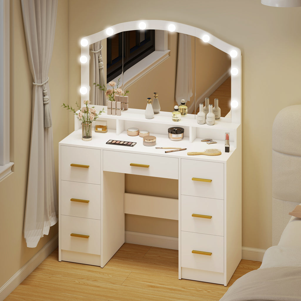 Coiffeuse avec Miroir, Lumières LED Réglable 3 Couleurs, 7 Tiroirs, 3 Compartiments Ouverts, 110 x 40 x 150 cm, Blanc-1