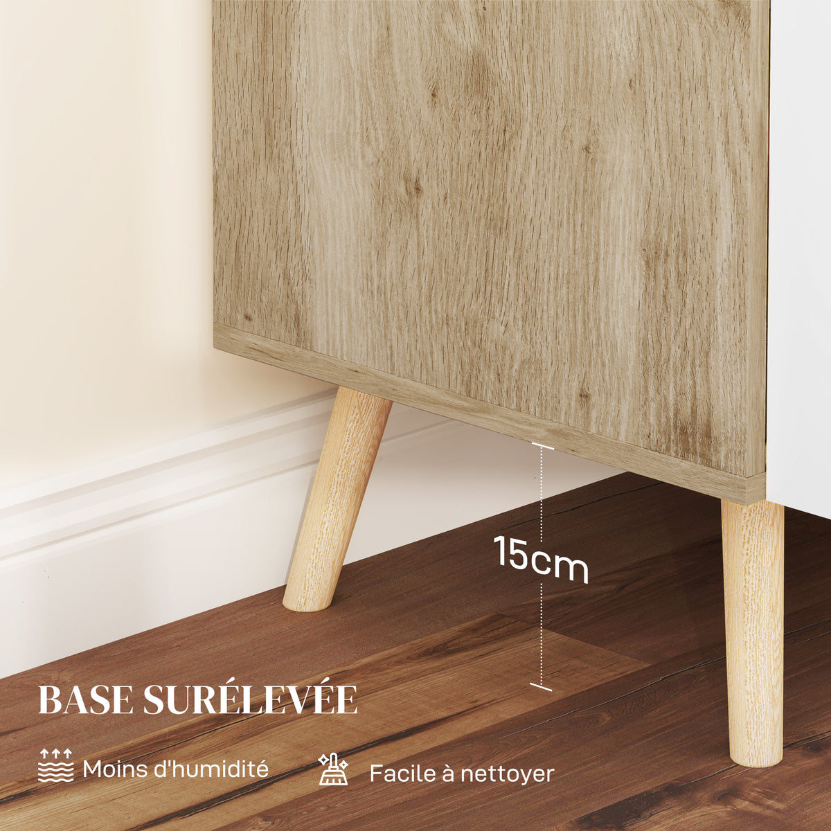 Buffet meuble de rangement avec poignées en bambou étagère ajustable base surélevée 76 x 41,2 x 74 cm blanc bois naturel-4