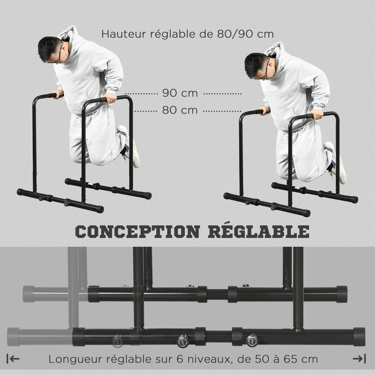 Dips Barre Parallèle Station de Musculation en Acier, Hauteur et Espacement Réglables, 90-102x65x80-90cm, Noir-5
