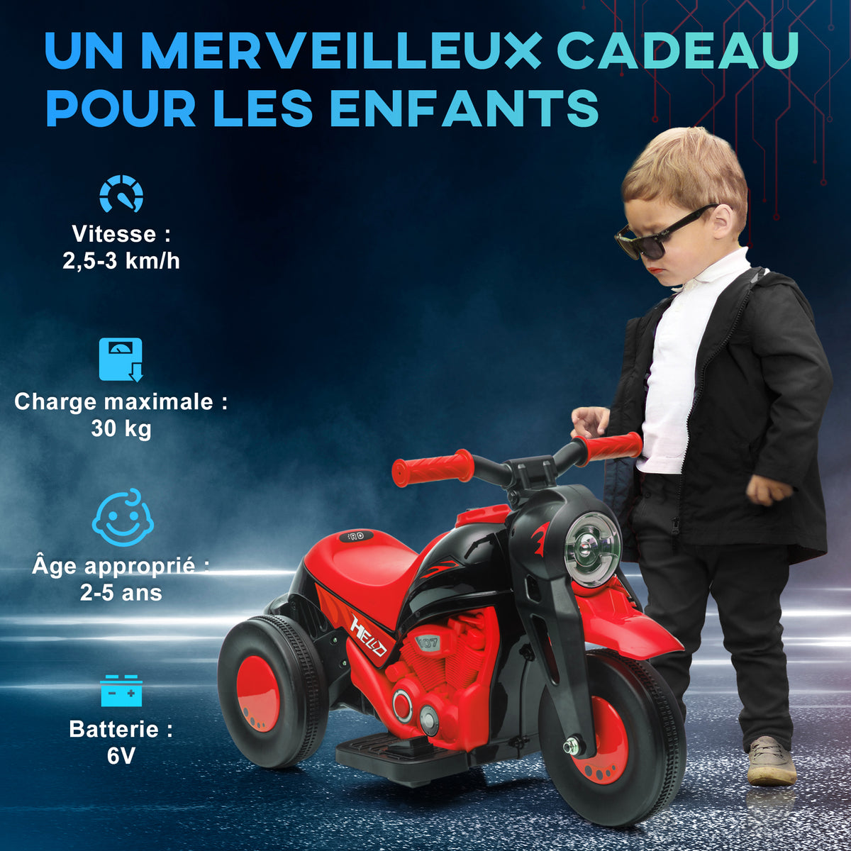 Moto électrique enfants 2-5 ans, 3 roues, 6 V, 3 km/h, avec fonction de bulles, effets lumineux et sonores, rouge-6