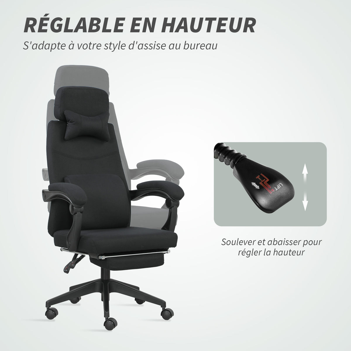 Fauteuil de bureau chaise de bureau grand confort dossier réglable repose-pied roulettes 360° lin 62 x 68 x 127 cm noir-3