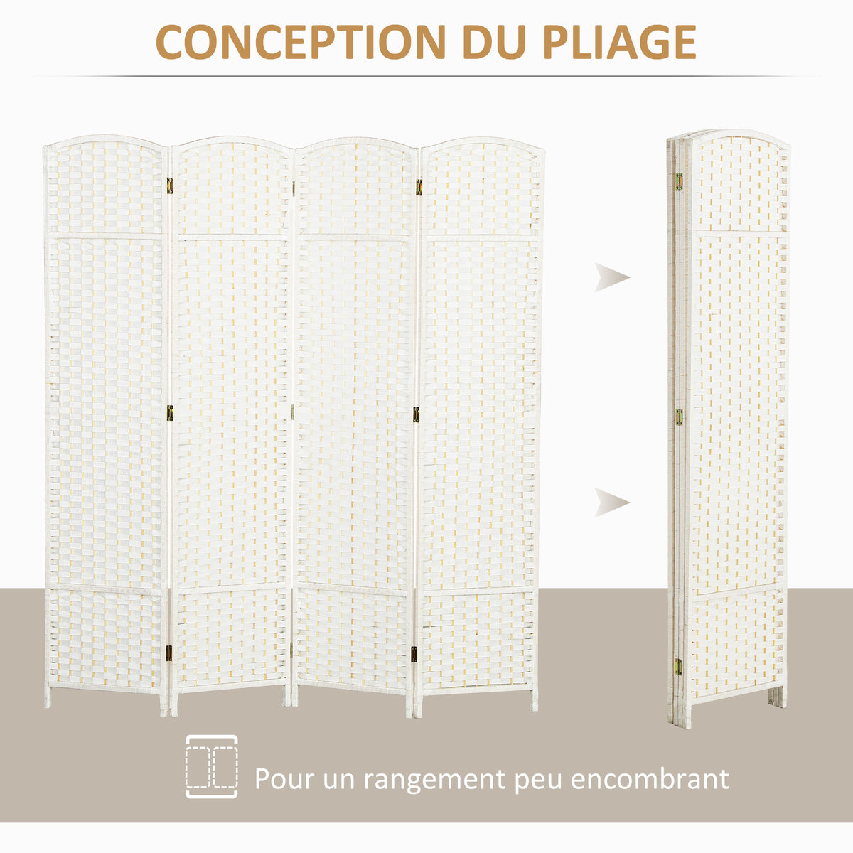 Paravent interieur en bois 4 panneaux 160 x 170 cm séparateur de pièce pliable pour salon, chambre à coucher, blanc-4