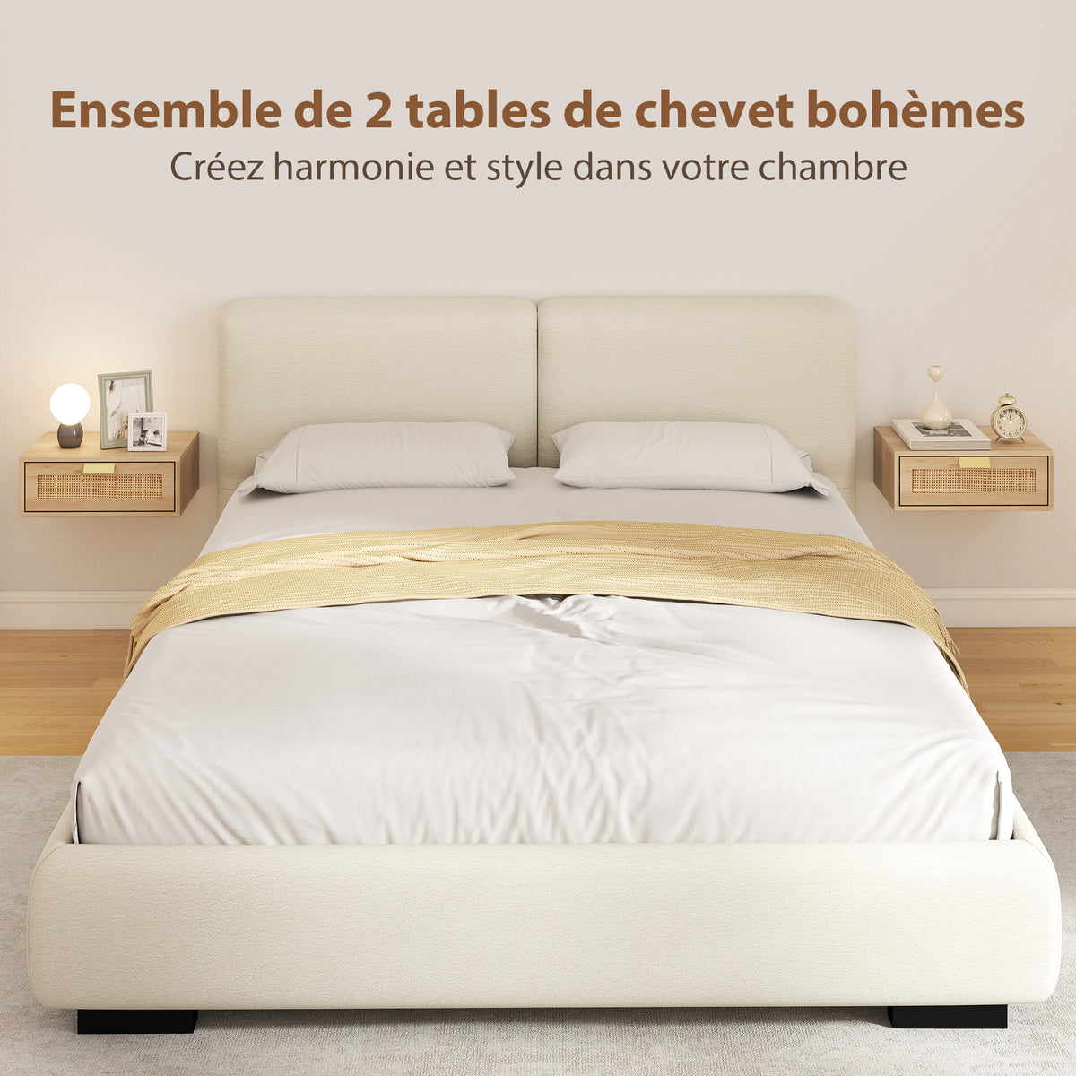 Lot de 2 tables de chevet murales, tables de nuit suspendues avec tiroir en effet rotin, 40 x 30 x 15 cm, chêne-3