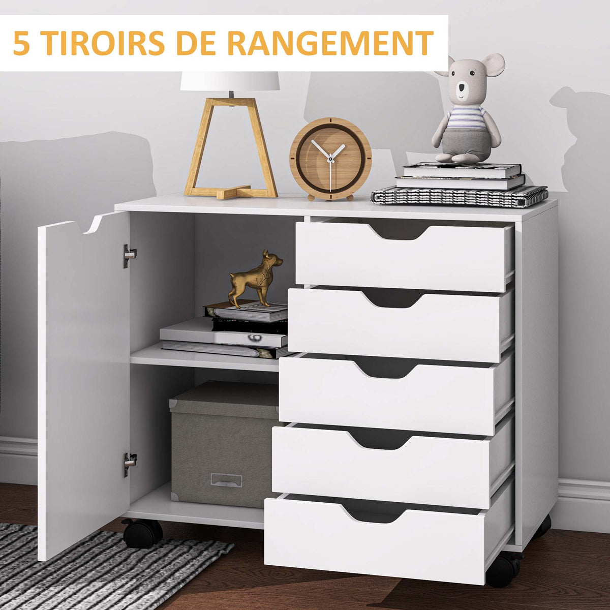 Meuble de rangement pour bureau 5 tiroirs 1 porte étagère réglable, support imprimante roulettes, 78x40x66,5 cm, blanc-3