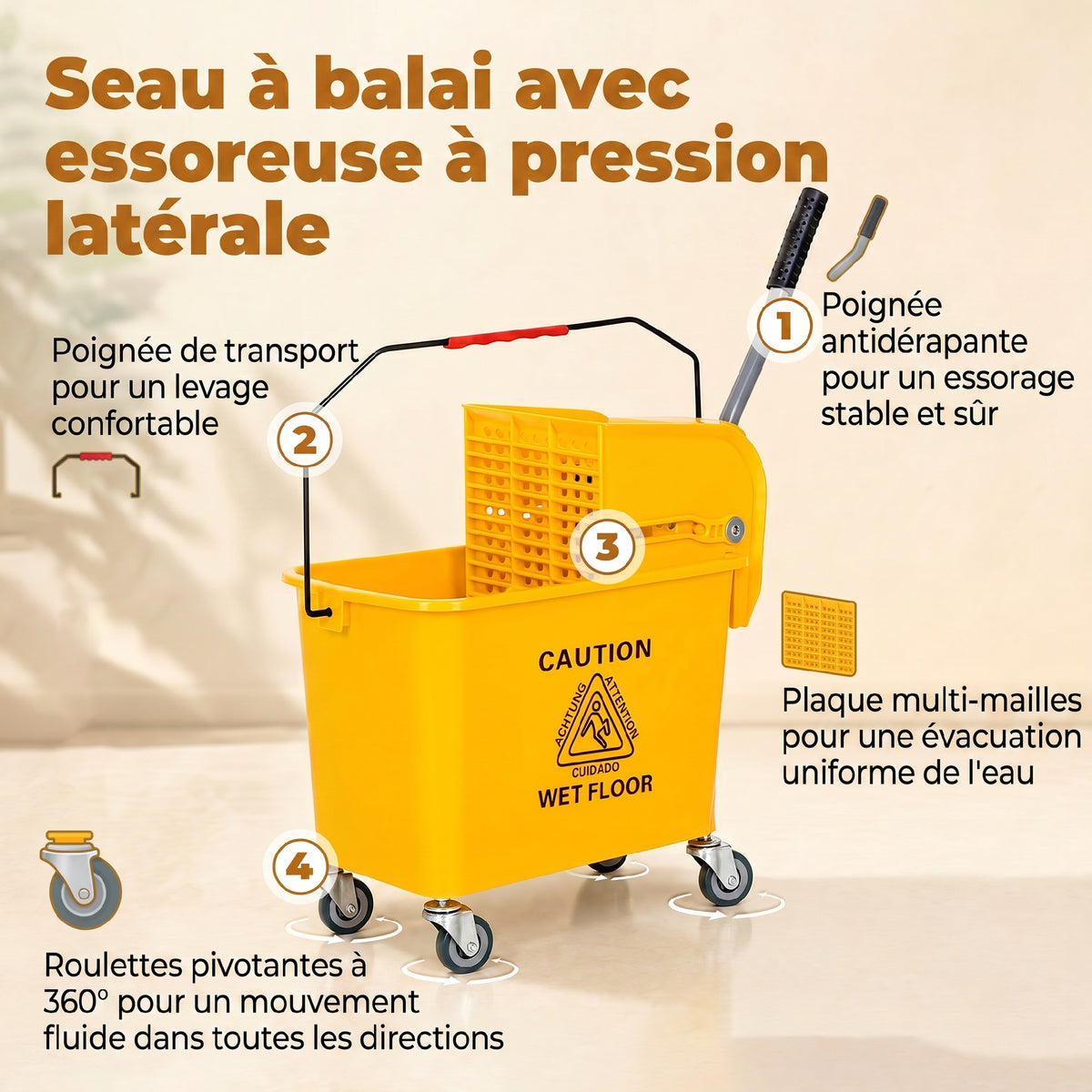 Chariot de nettoyage lavage seau de ménage 20 L avec essoreur et séparateur eau sale propre jaune 60L x 27l x 70,5H cm-3