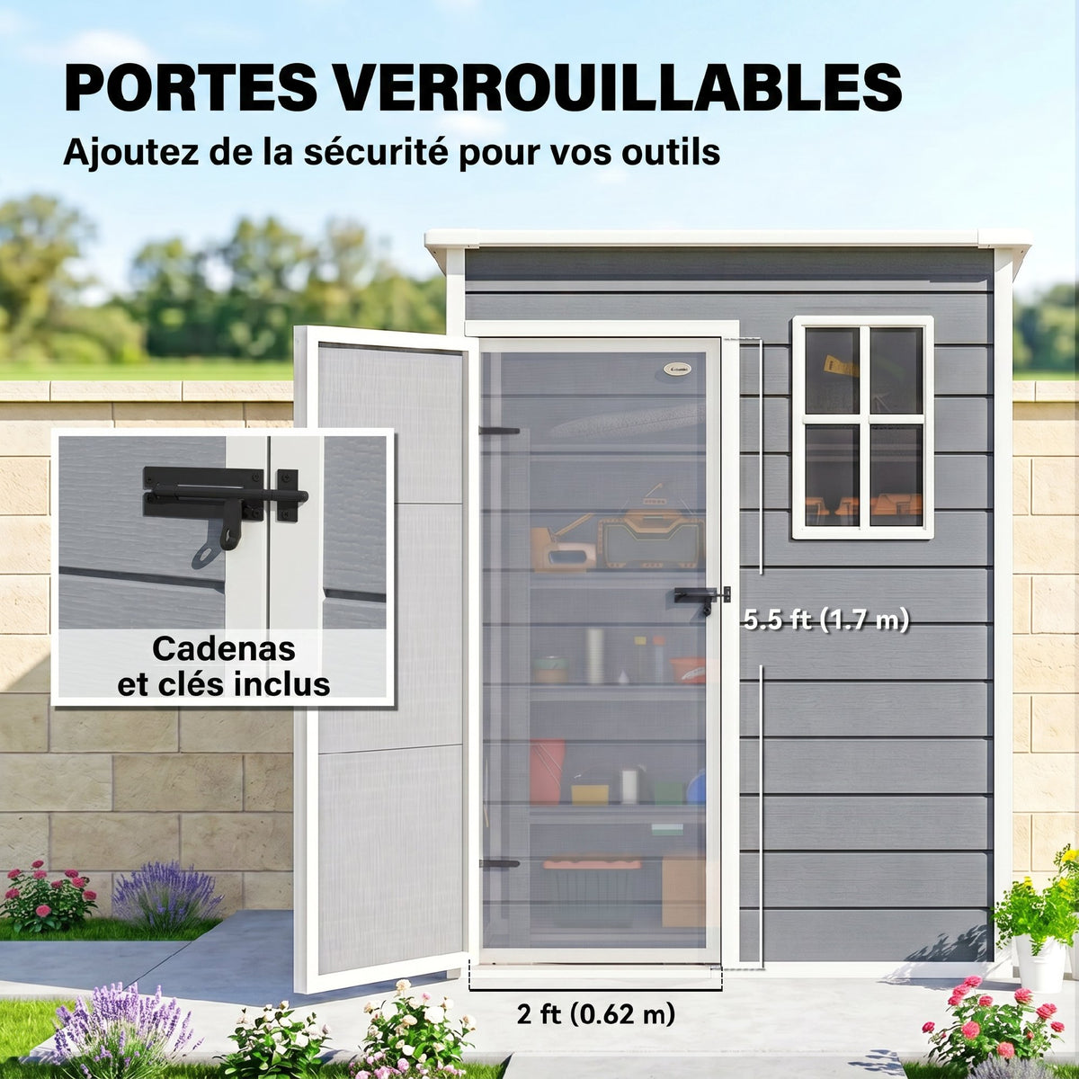 Abri de jardin 1,14 m² pour outils - porte verrouillable, aération et fenêtre - dim. 151L x 92l x 193H cm  - plastique, gris-5