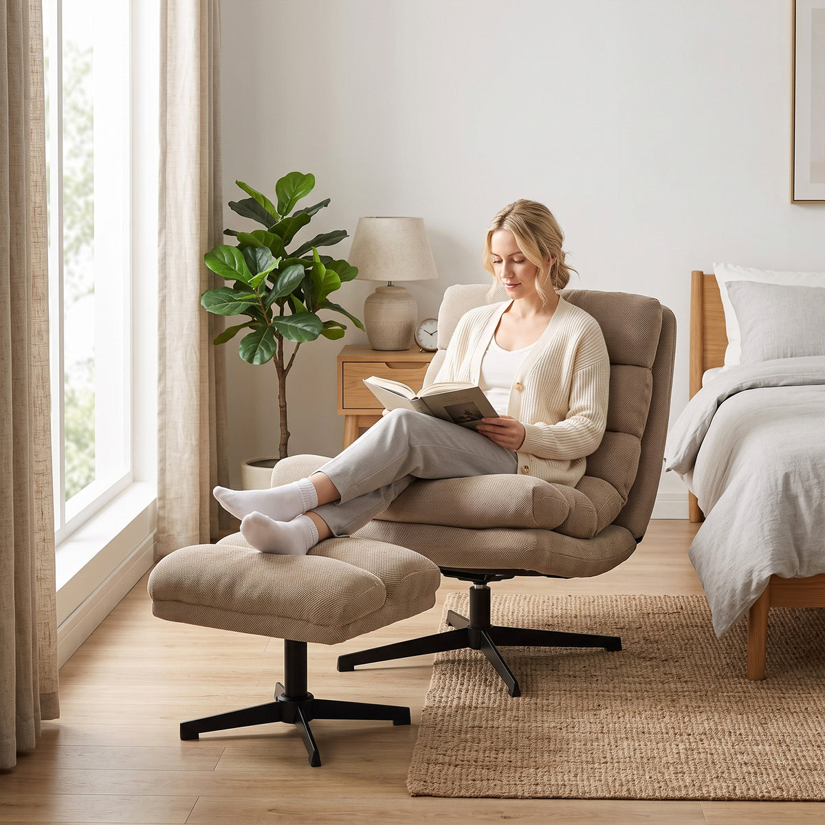 Fauteuil de Salon avec Repose-Pied Réglable, Rotation 360°, Fauteuil d'Appoint Capitonné en Lin, Assise Large, Marron-9