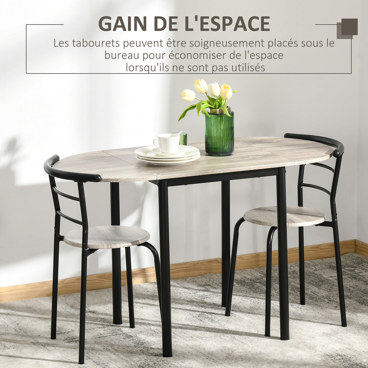 Ensemble table ovale extensible et 2 chaises - table à rabats - métal et MDF - noir et naturel-5