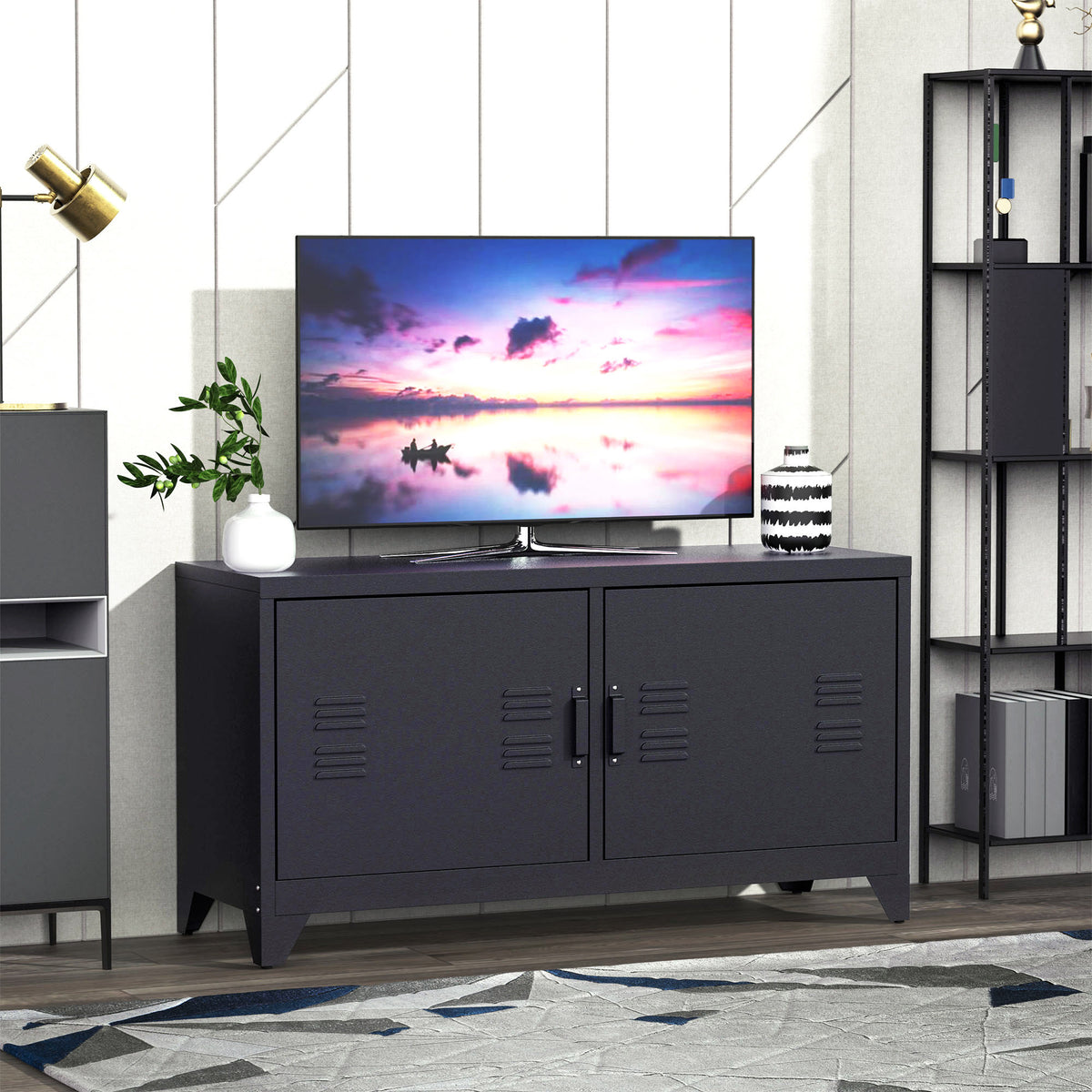 Meuble TV banc télévision design industriel 2 placards avec 2 étagères réglables passe-câbles structure acier noir-1
