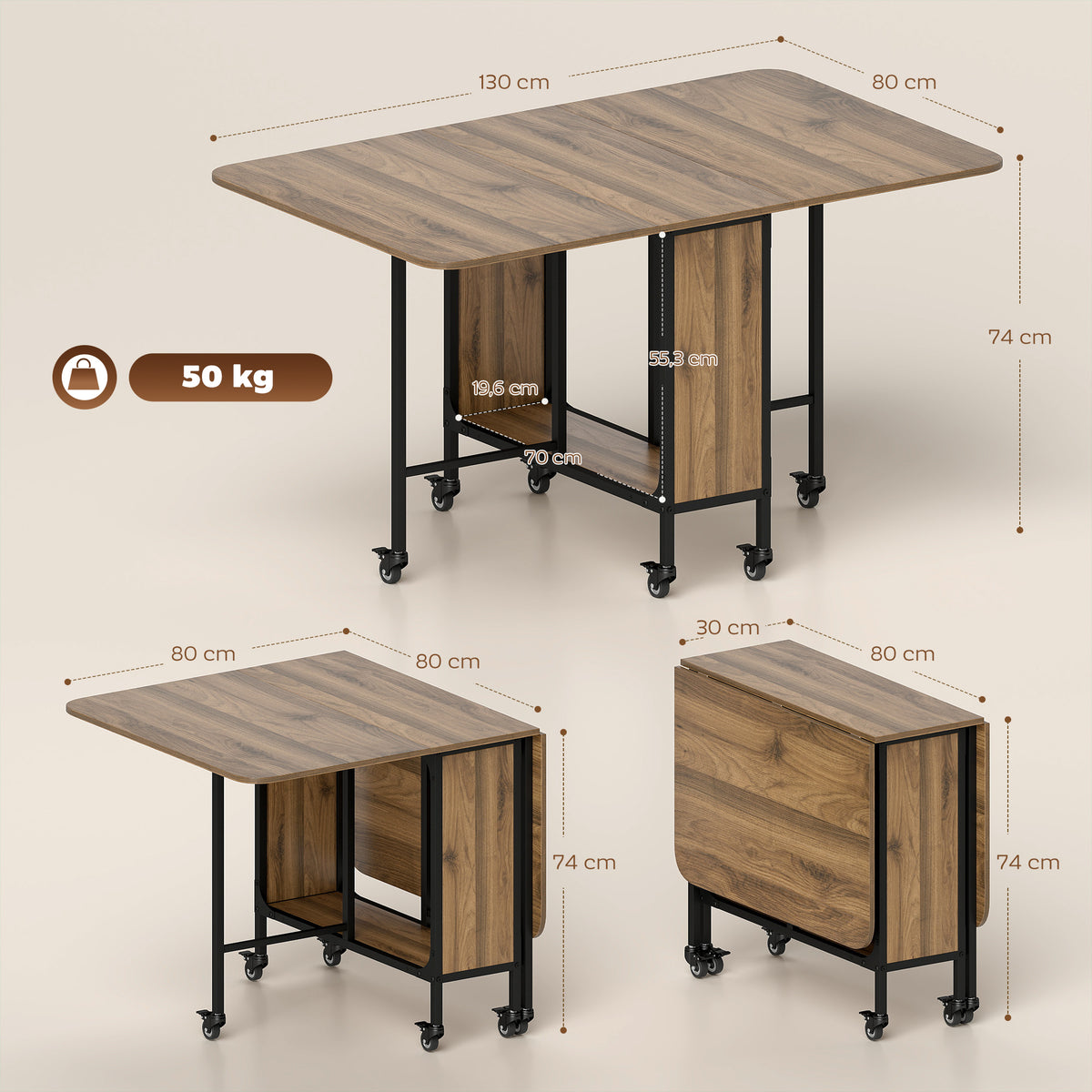 Table à manger pliante sur roulettes, table de cuisine pour 6 personnes avec étagère intégrée, 130 x 80 x 74 cm, marron-2