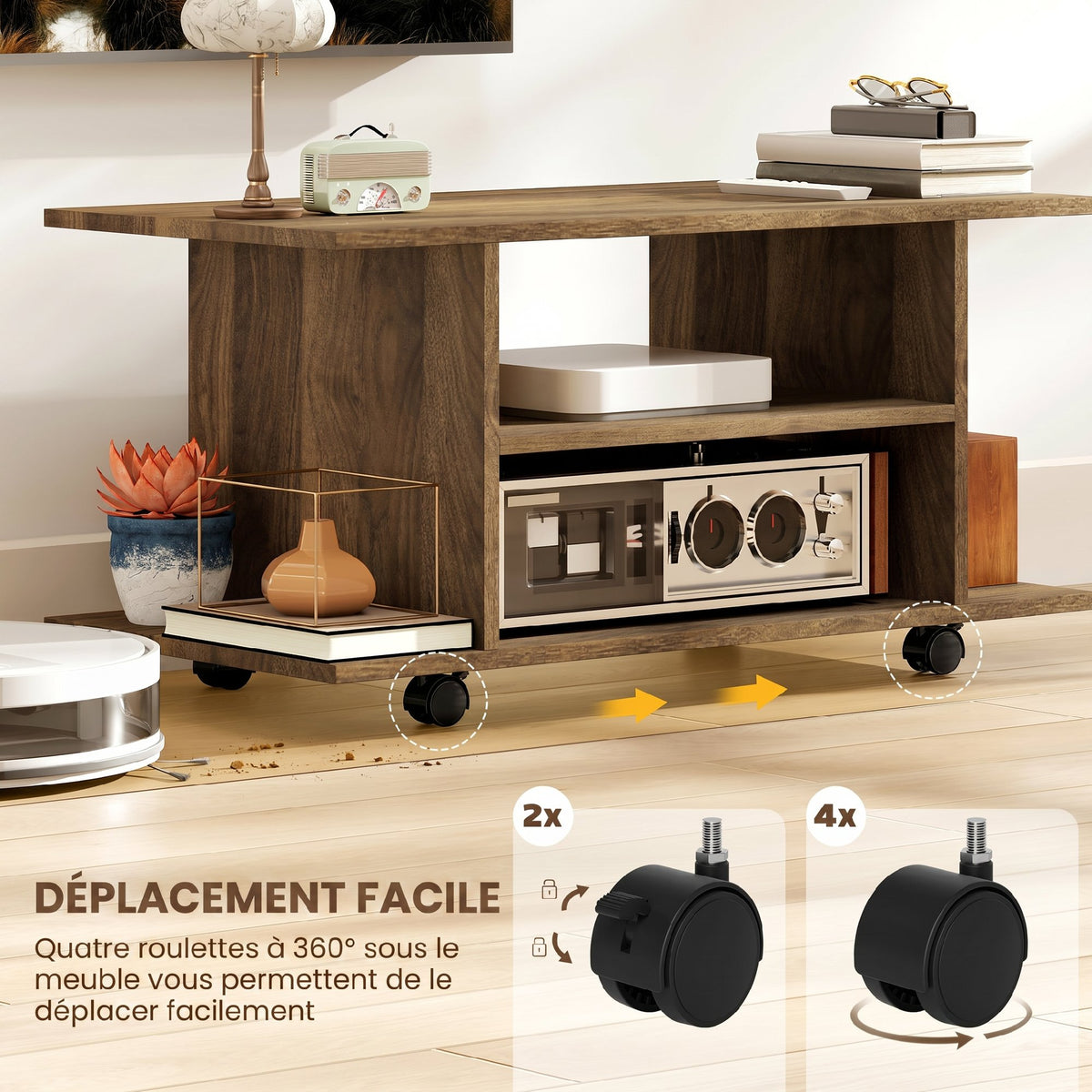 Meuble TV avec roulettes 80 cm, meuble télé pour téléviseur jusqu'à 42 pouces avec étagères ouvertes, noyer-4