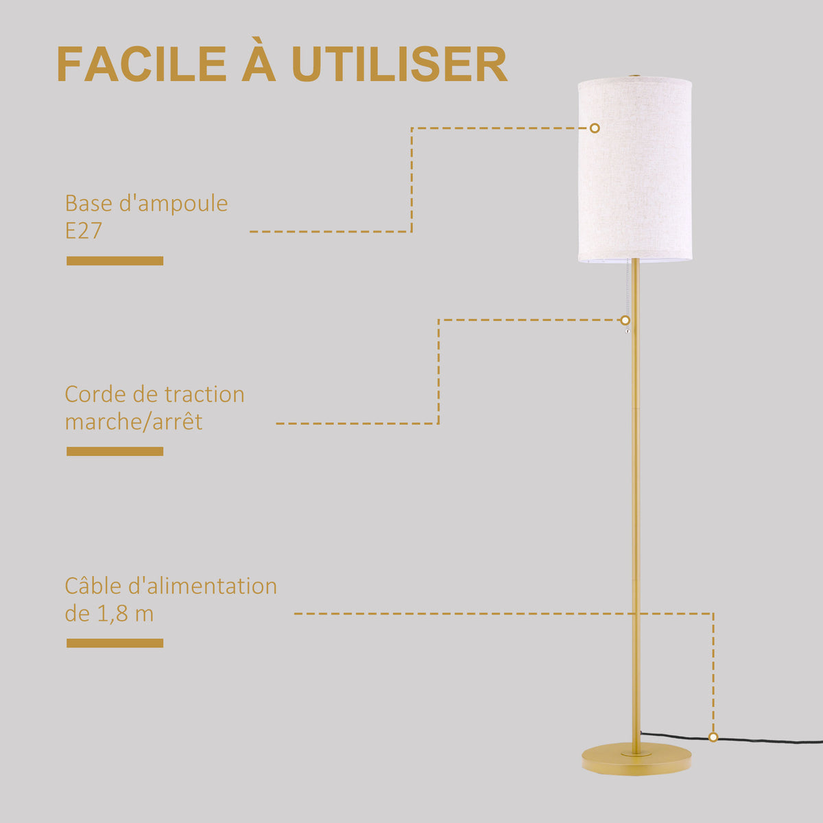 Lampadaire design 40 W max. piètement mât acier doré abat-jour lin crème dim. 25,5 x 25,5 x 157 cm doré et beige-4