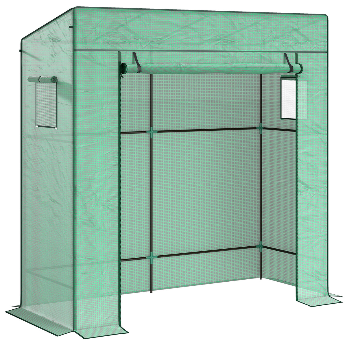 Serre de jardin murale adossée avec 1 porte enroulable, bâche PE renforcée, 2 fenêtres, dim. 196L x 77l x 197/178H cm-0