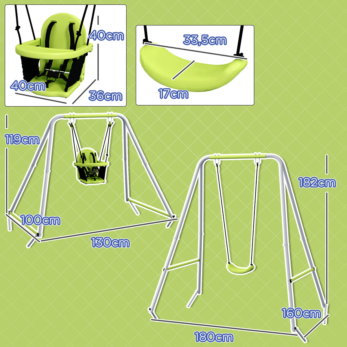 Balançoire portique balançoire 2 en 1 pour bébé ceinture de sécurité à 5 points intérieure extérieure vert-2