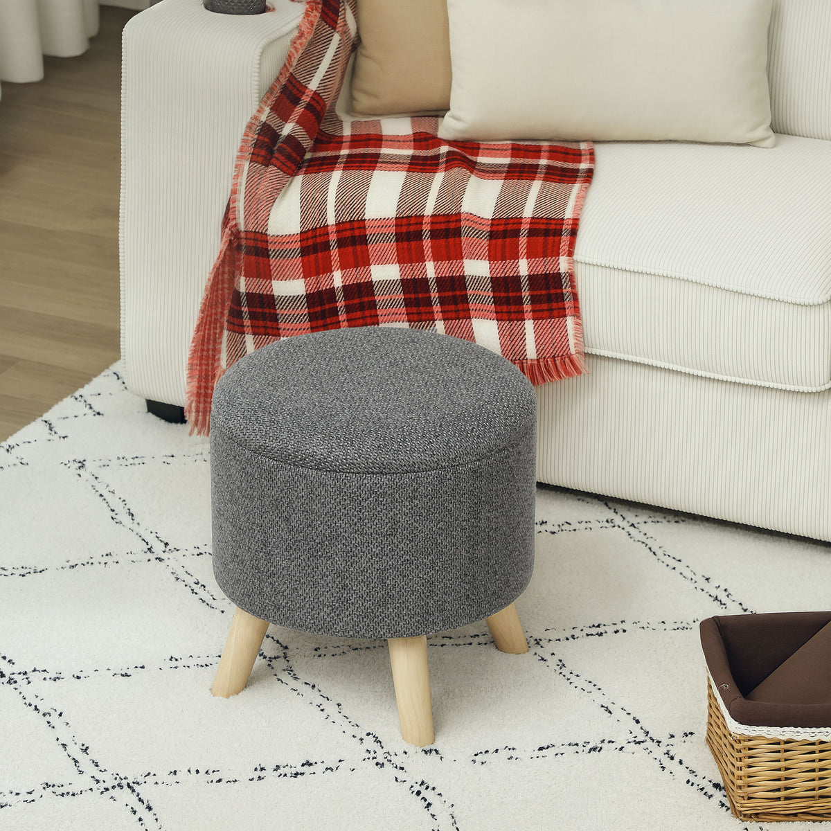 Pouf rond repose-pieds tabouret avec coffre de rangement pieds en bois design moderne gris-7