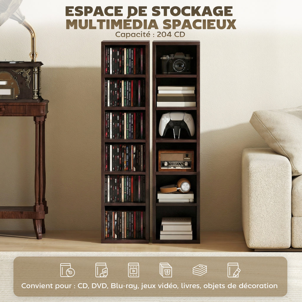 Lot de 2 étagères colonnes armoire de rangement CD-DVD 12 compartiments 21 x 22,5 x 88,5 cm capacité 204 CD marron-3