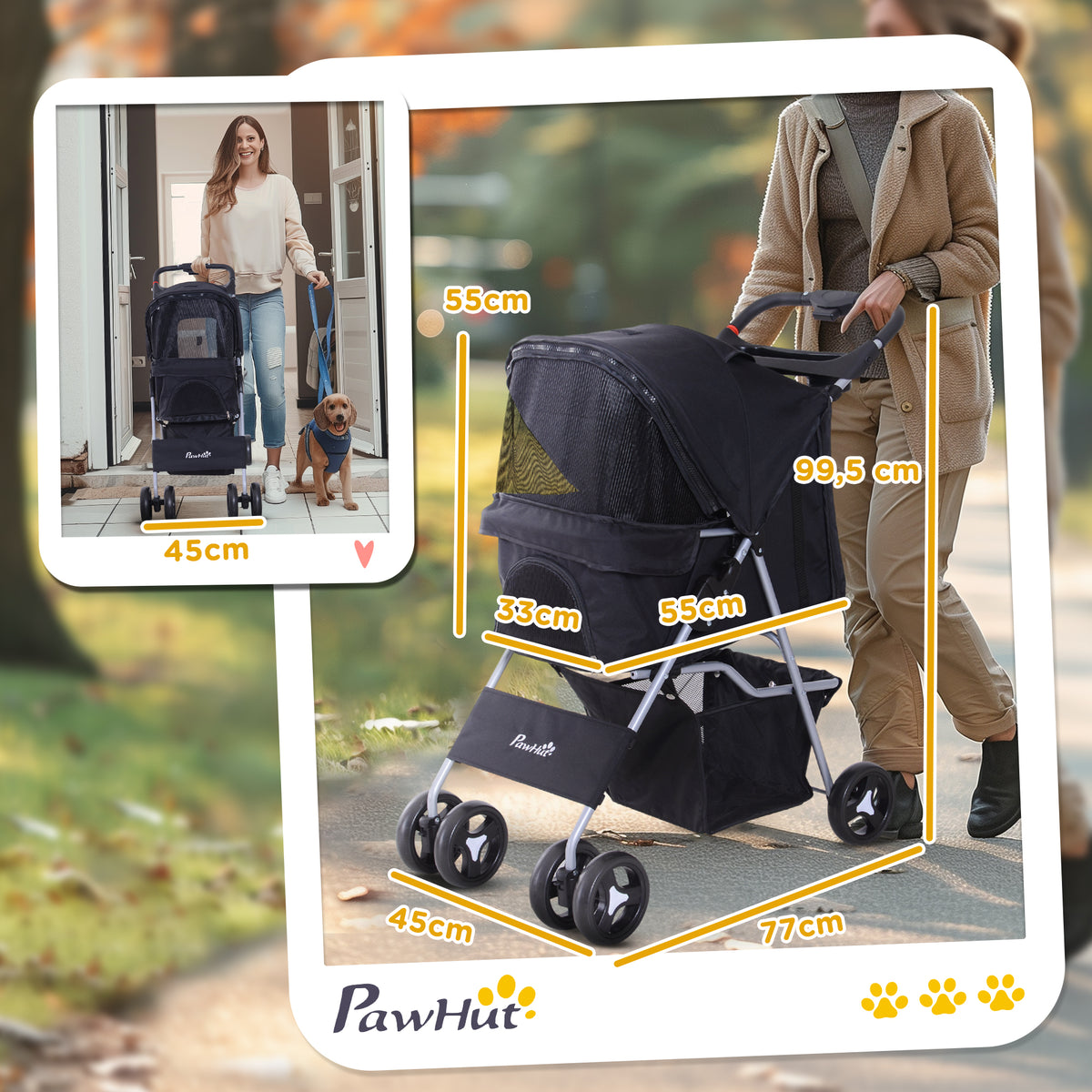 Poussette Buggy pour Chiens 77L x 45l x 99,5H cm Pliable Imperméable Tissu 600D Oxford 4 Roues Noir-2