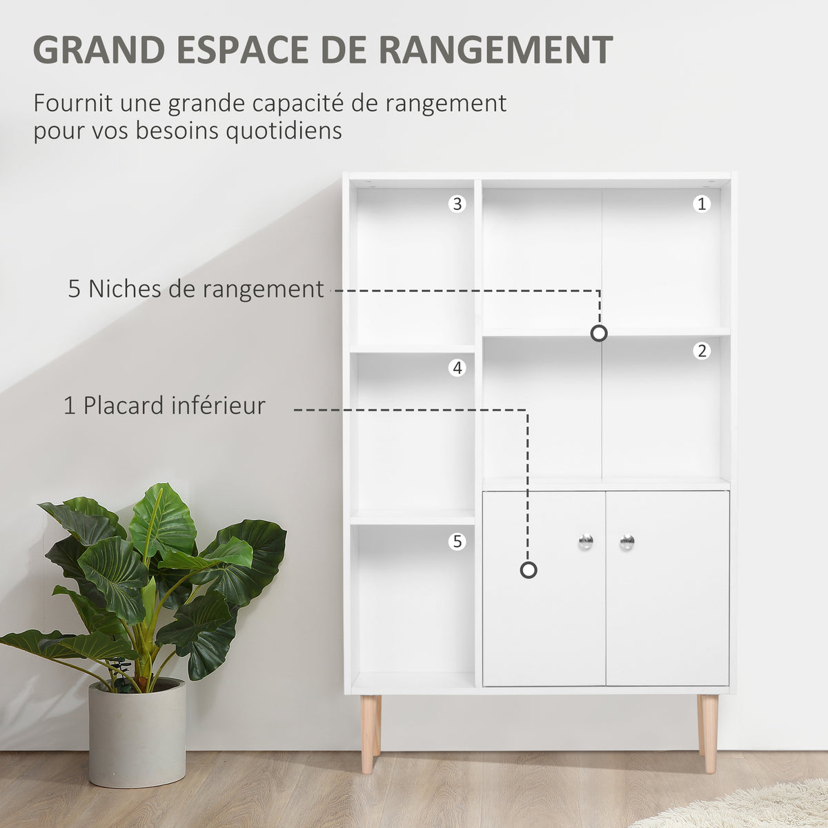 Bibliothèque scandinave meuble de rangement dim. 80L x 23,5l x 123H cm 5 niches placard 2 portes pieds effilés inclinés bois massif panneaux particules blanc-3