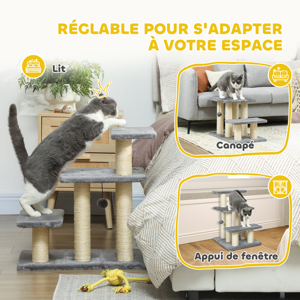 Escalier pour animaux domestiques réglable 3 marches échelle pour chat chien griffoirs en sisal balle 52x34,5x54cm gris-4