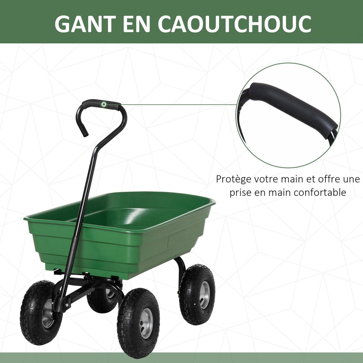Chariot de Jardin 100L Charge 250 kg, 4 Roues pneumatiques Remorque à Main pour Extérieur 108 x 52 x 100 cm Acier vert-4