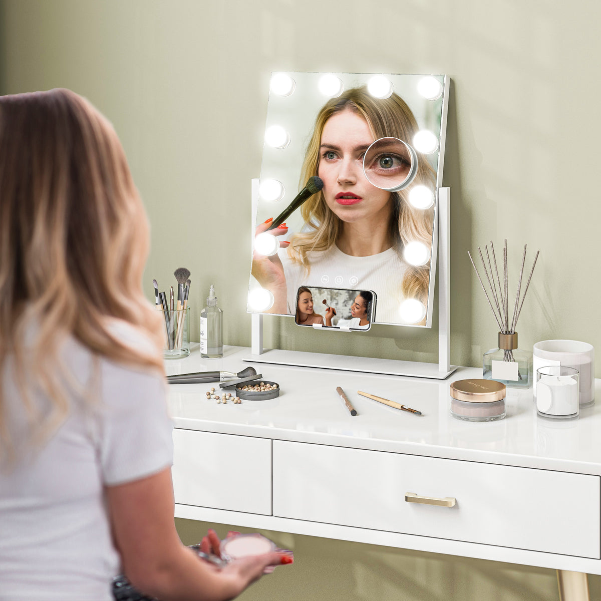 Miroir Hollywood avec LED 12 ampoules, luminosité réglable, rotation à 360°, grossissement 10X, touche tactile, blanc-9