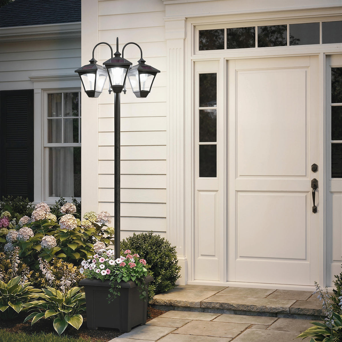Lampadaire Extérieur sur Pied à 3 Têtes avec Bac à Fleurs, Capteur Automatique Crépuscule à L'aube, 52x52x185cm, Noir-1