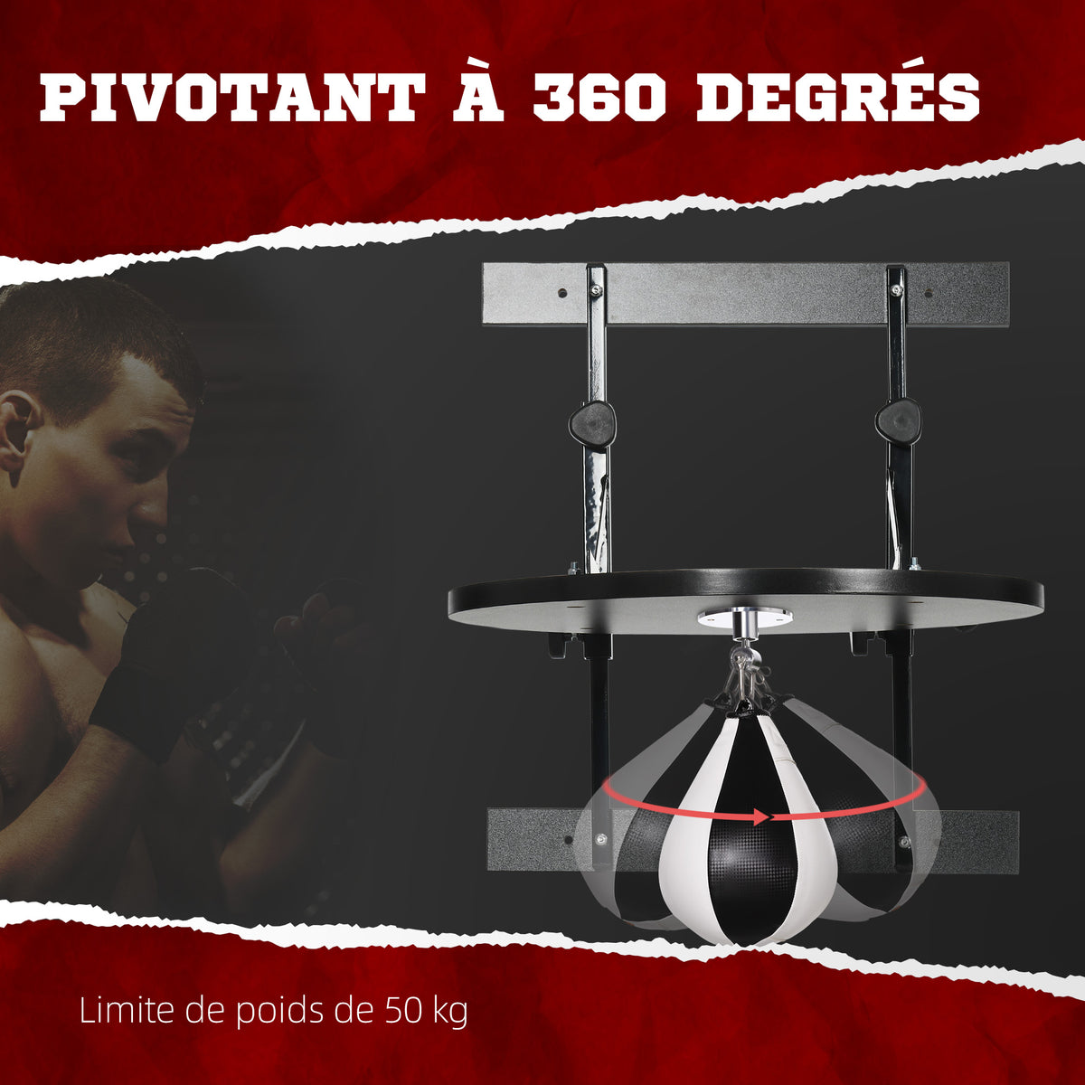 Poire de vitesse boxe sac de frappe adulte avec pivotant rotule 360° pompe montage mural ou plafonnier noir et blanc-4
