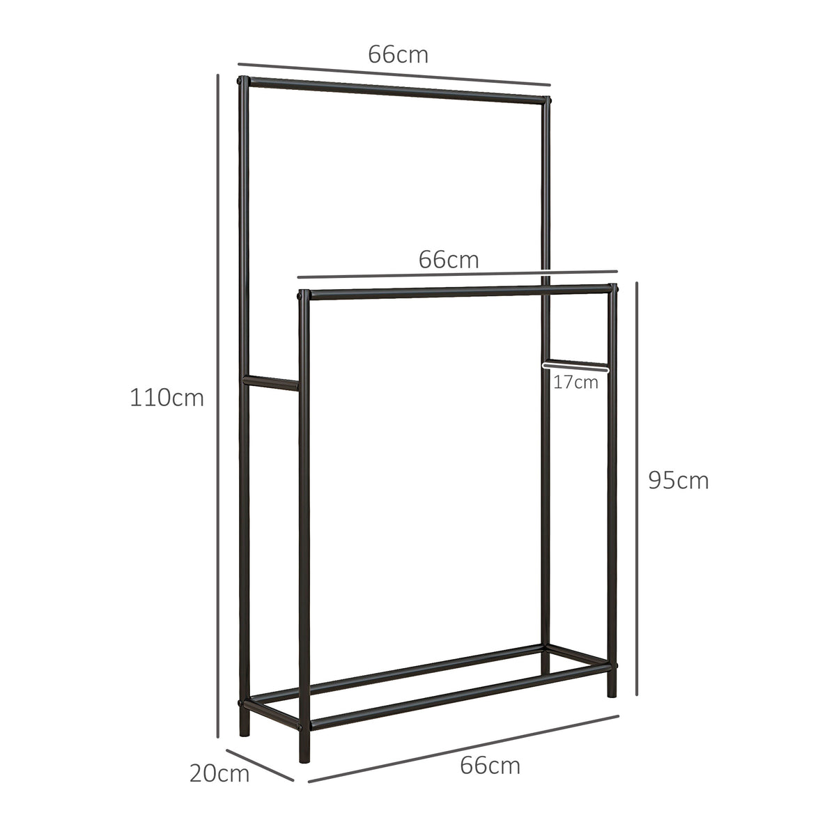 Porte serviettes sur pied sèche serviette 2 niveaux en métal pour la salle de bain, dim. 66l x 20P x 110H cm, noir-2