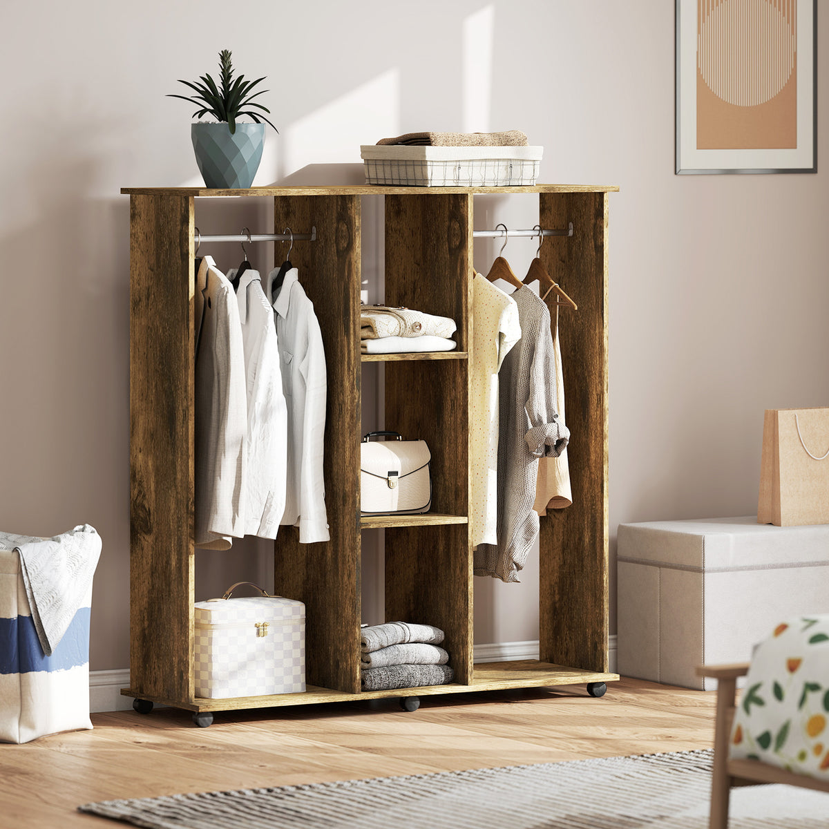 Armoire penderie meuble de rangement mobile 6 roulettes 120 x 40 x 128 cm en bois marron-1
