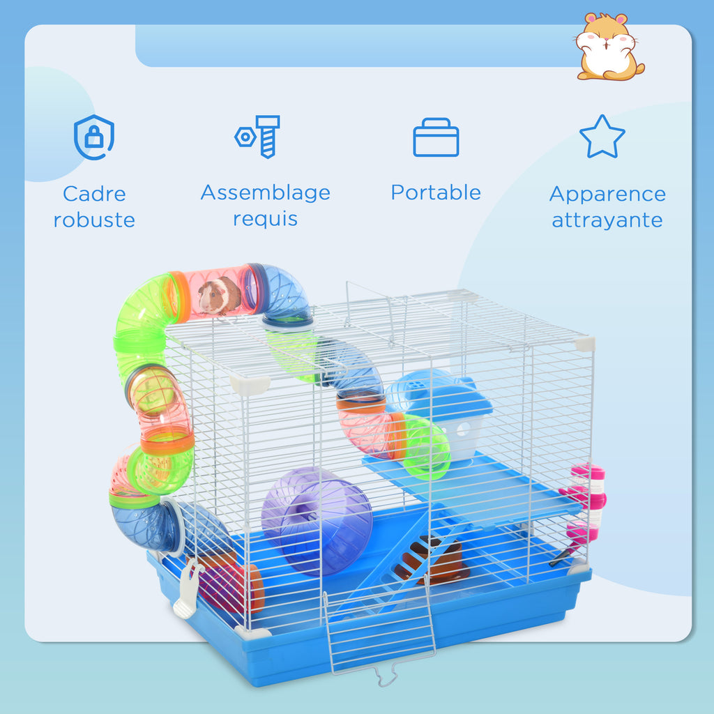 Cage à hamster rongeur 2 niveaux avec tunnel, biberon eau, roue, maisonnette, échelles dim. 46L x 30l x 37H cm, bleu-6