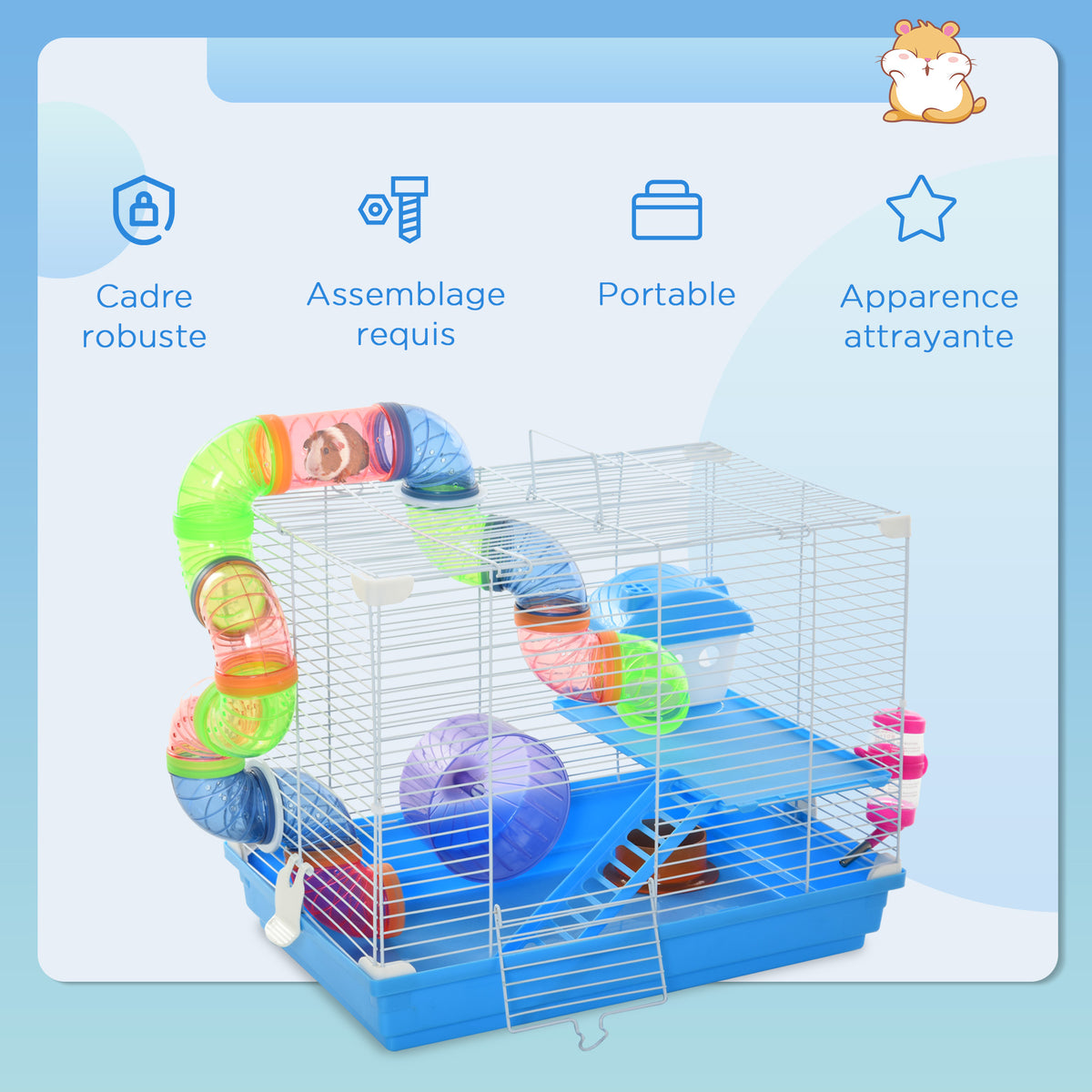 Cage à hamster rongeur 2 niveaux avec tunnel, biberon eau, roue, maisonnette, échelles dim. 46L x 30l x 37H cm, bleu-6