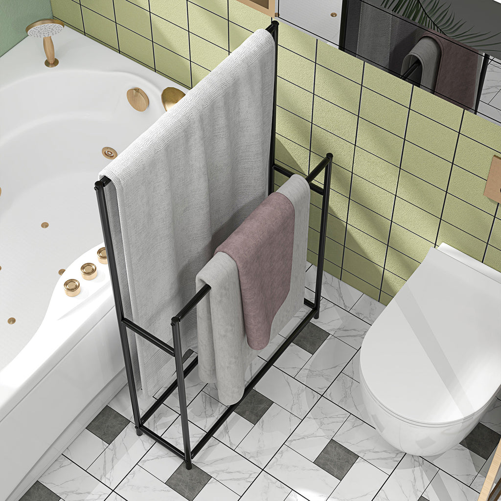 Porte serviettes sur pied sèche serviette 2 niveaux en métal pour la salle de bain, dim. 66l x 20P x 110H cm, noir-7