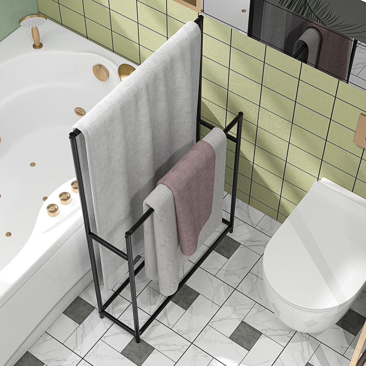 Porte serviettes sur pied sèche serviette 2 niveaux en métal pour la salle de bain, dim. 66l x 20P x 110H cm, noir-7