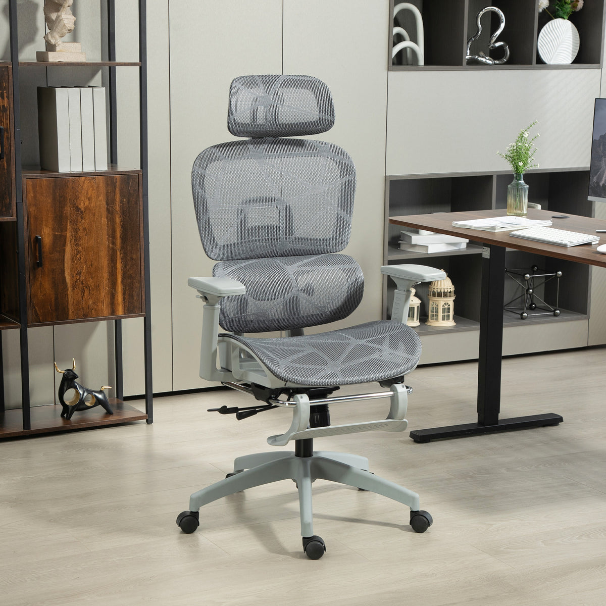 Fauteuil de bureau, chaise de bureau ergonomique en maille avec accoudoirs 3D, dossier inclinable, 66x64x122 cm, gris-1