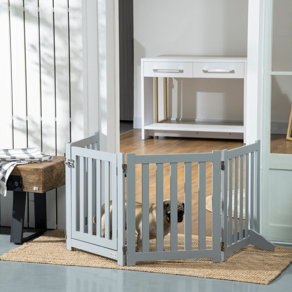 Barrière de Sécurité Chien Pliable Double Face en Bois, 4 Panneaux avec Porte, Pieds de Support, 205 x 60 cm, Gris-1