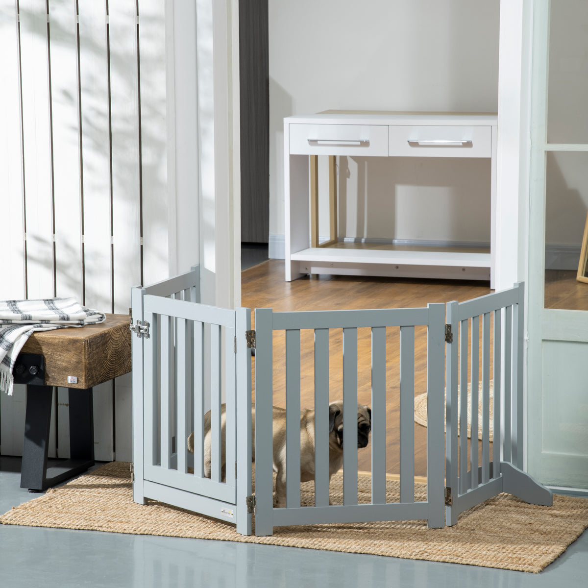Barrière de Sécurité Chien Pliable Double Face en Bois, 4 Panneaux avec Porte, Pieds de Support, 205 x 60 cm, Gris-1