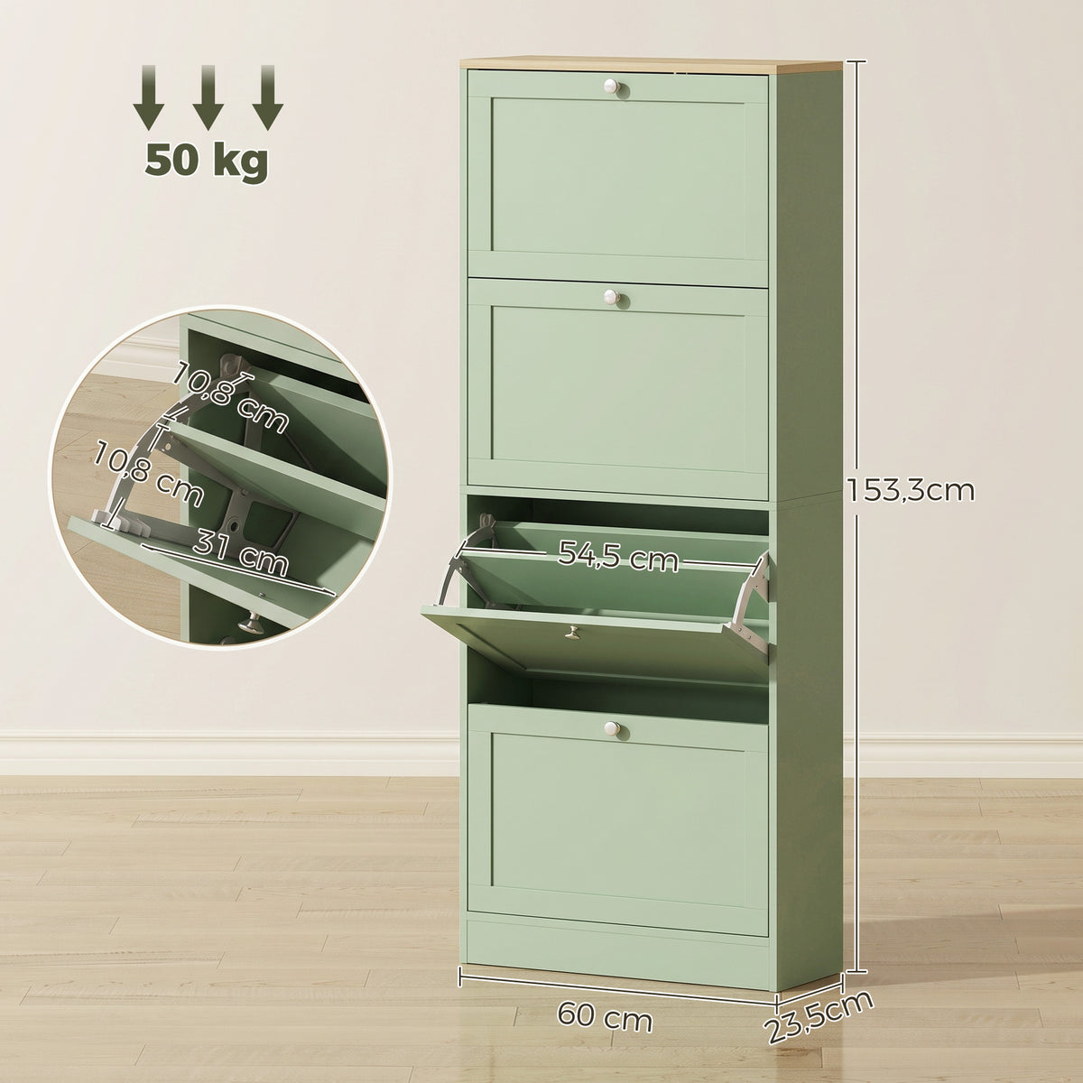 Meuble à chaussures 24 paires, armoire à chaussures avec 4 tiroirs rabattables, étagères réglables, 60x23,5x153cm, vert-2