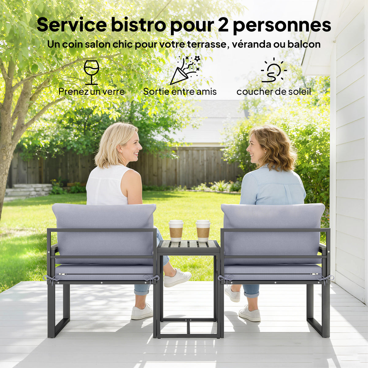 Salon de jardin 3 pièces coussins 14cm et accoudoirs en composite bois-plastique 2 fauteuils et table d'appoint gris-3
