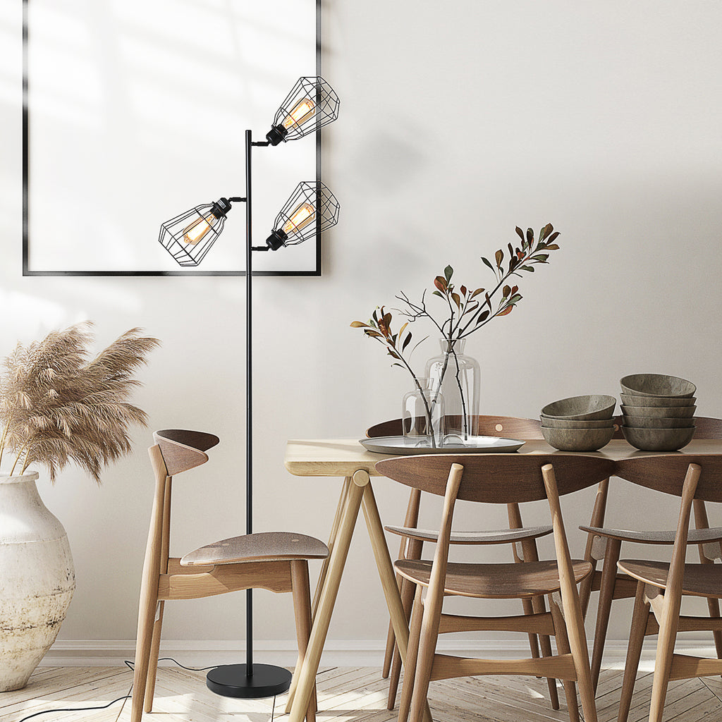 Lampadaire design industriel 3 ampoules max. 40 W abat-jour cage métal noir-9
